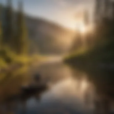 Serene River Fishing at Sunrise A serene fishing scene at sunrise, illustrating the peaceful experience of river fishing.