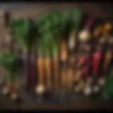 A diverse selection of root vegetables arranged on a rustic table