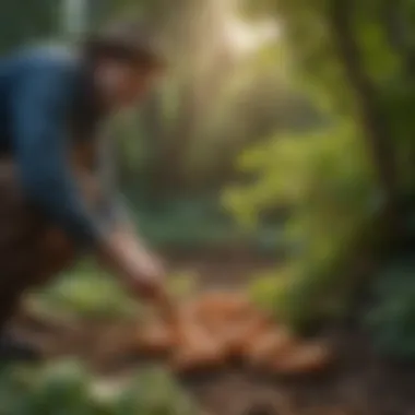 A farmer inspecting healthy root vegetables in a lush garden