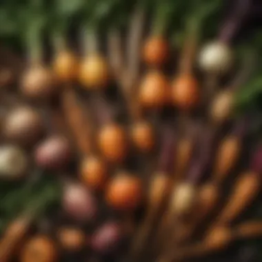 A close-up of various root vegetable textures in natural light