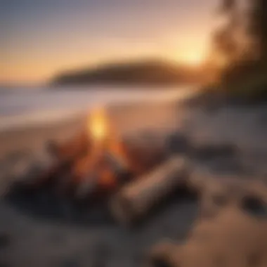 A campfire setup near the beach at sunset