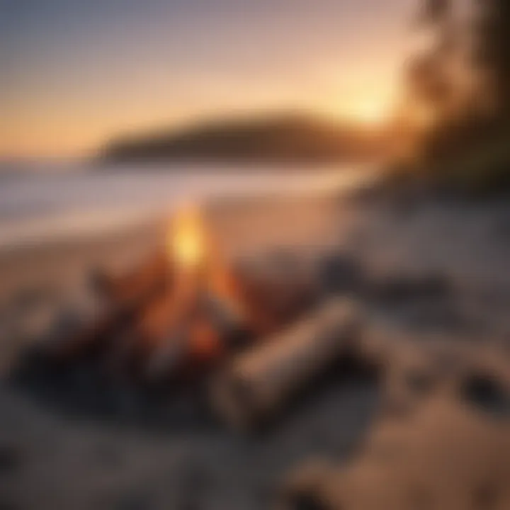 A campfire setup near the beach at sunset