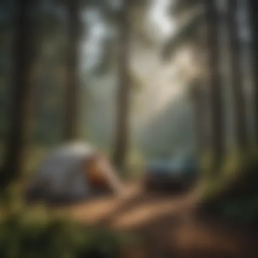 A serene campsite surrounded by lush coastal forest
