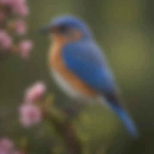 A vibrant Eastern Bluebird perched on a blossoming branch