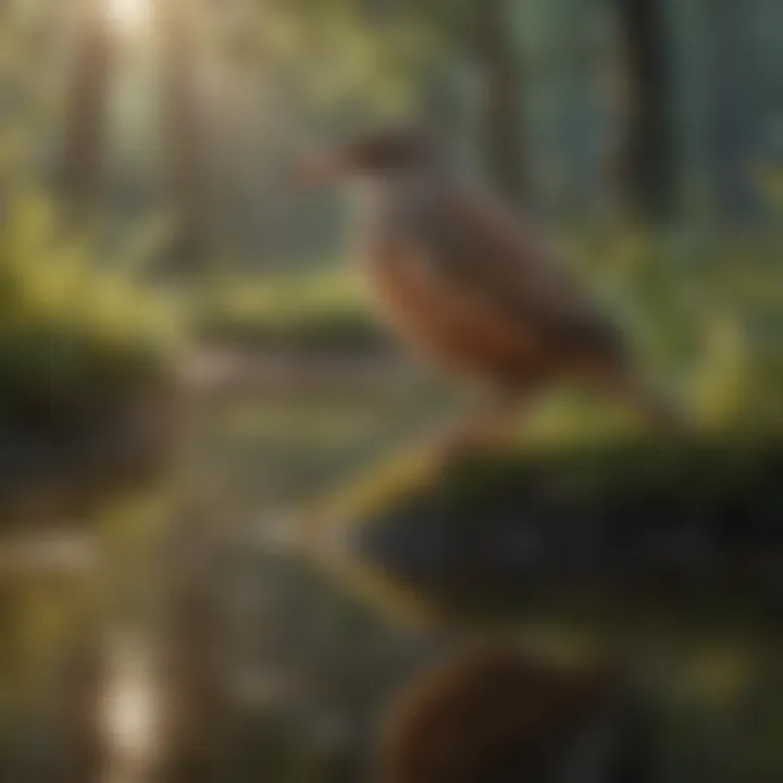 A serene wetland scene with various bird species foraging