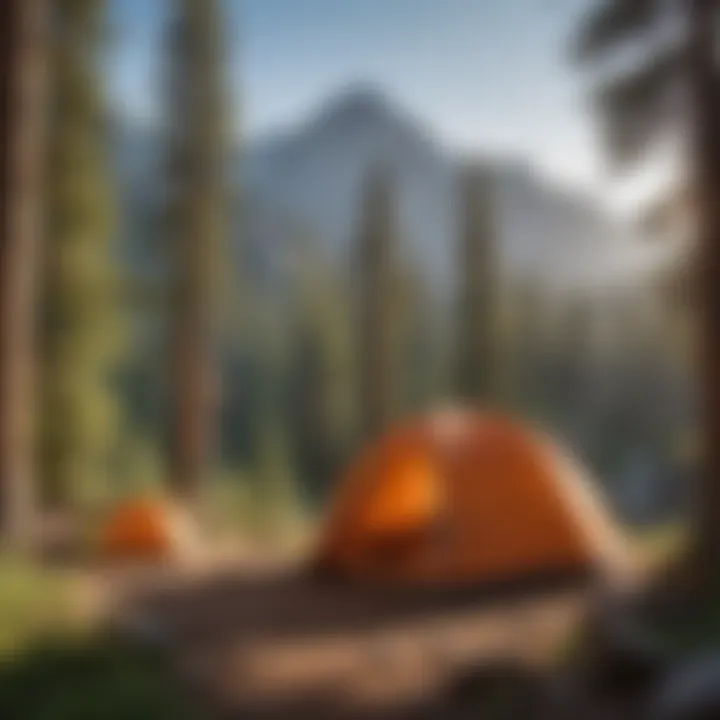 Hiker setting up a tent with a backdrop of majestic mountains