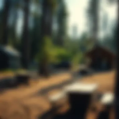 Campground amenities including picnic tables and fire pits