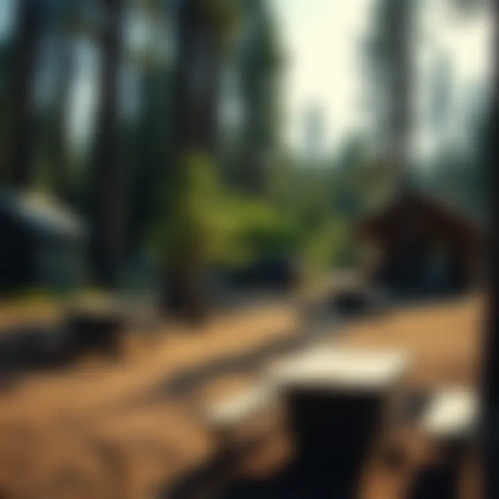 Campground amenities including picnic tables and fire pits