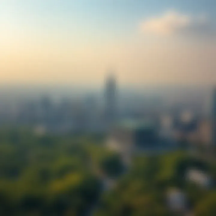 Aerial View of Urban Pollution An aerial view of a bustling city skyline with visible air pollution