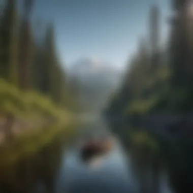 A panoramic view of Mt. Shasta showcasing the interplay of watercraft and forest ecosystems.