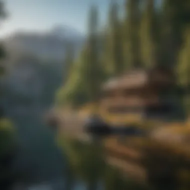 A serene view of house boats docked at Mt. Shasta with a backdrop of lush forest.