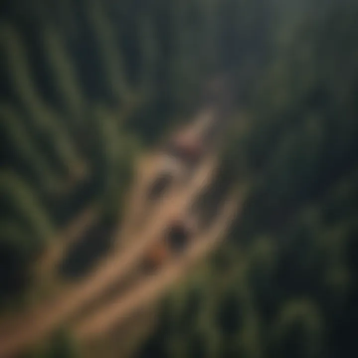 An aerial view of a forest being harvested sustainably with log harvesters.