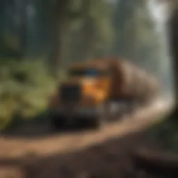A robust used log truck navigating through a dense forest.