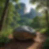 A panoramic view of Looking Glass Rock surrounded by lush forest.