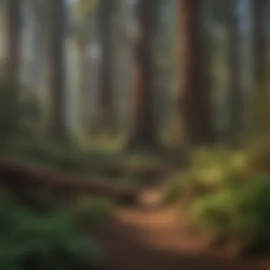 Forest Ecosystem with Redwoods A view of a peaceful forest ecosystem featuring redwoods
