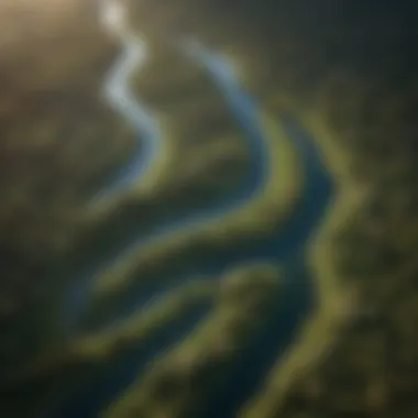 Aerial view of the Mokelumne River meandering through lush green valleys