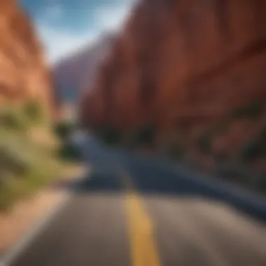 Panoramic view of the winding road through the red rocks