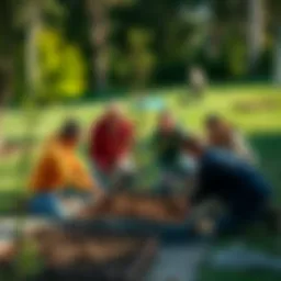 A diverse group of individuals planting trees in a green park.