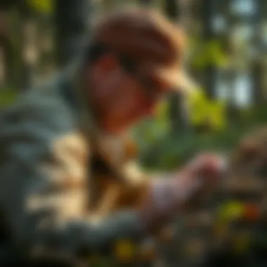 Assessing Vole Habitats for Conservation A conservationist conducting a habitat assessment for voles