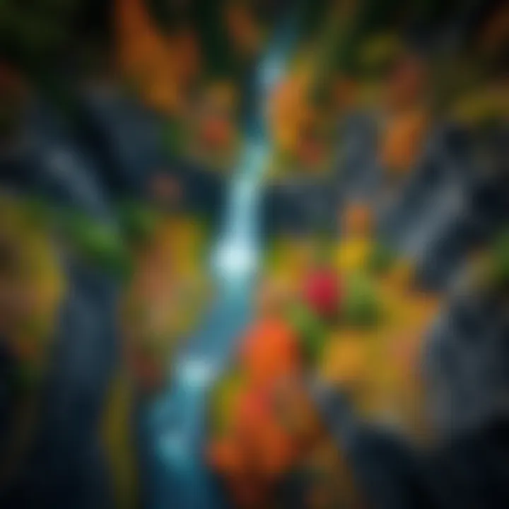 An aerial view of a waterfall nestled in a canyon, surrounded by a tapestry of colorful foliage.
