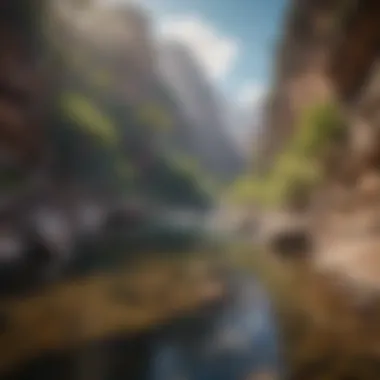 A serene river flowing through a wild canyon, emphasizing ecosystem balance