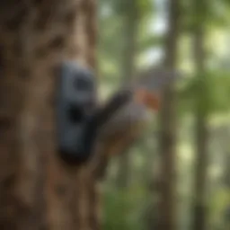A close-up view of a wireless bird camera mounted on a tree branch, showcasing its sleek design and functionality in natural habitat.