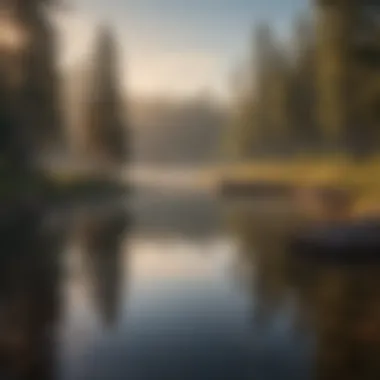 A serene lake at sunrise, perfect for fishing