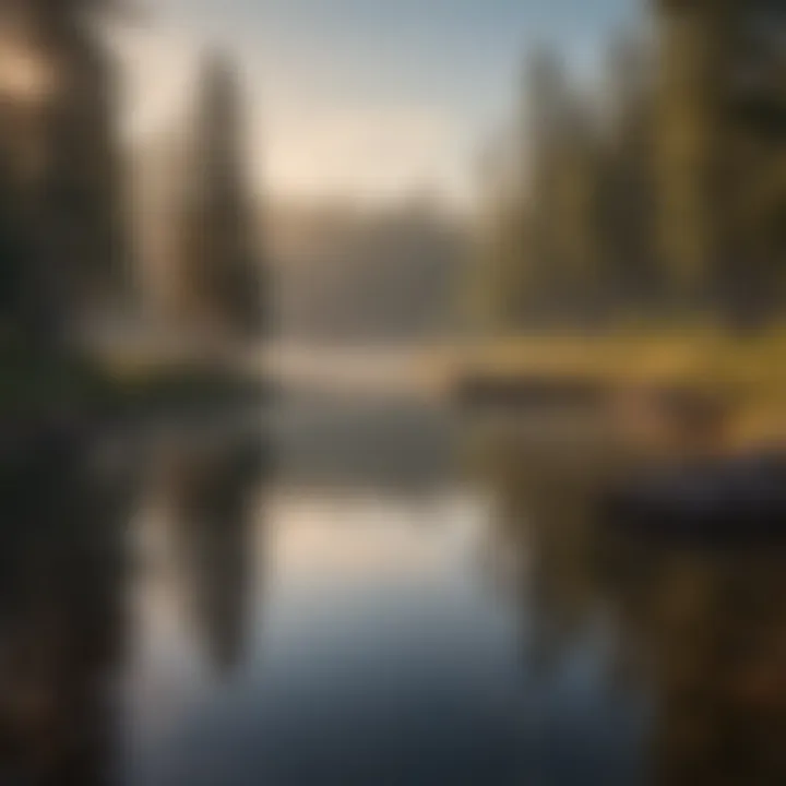 A serene lake at sunrise, perfect for fishing