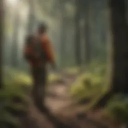 A forest ranger conducting a trail assessment in a lush woodland