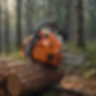 Forestry professional utilizing a hydraulic chainsaw head in a woodland setting