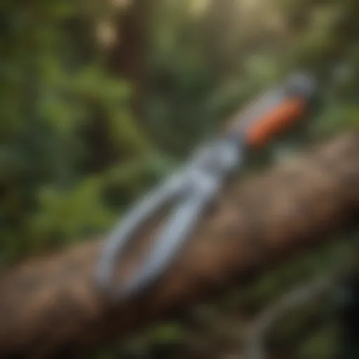 Close-up of pruning shears on a tree branch