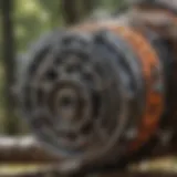 Close-up view of a hydraulic chainsaw head showcasing intricate design features