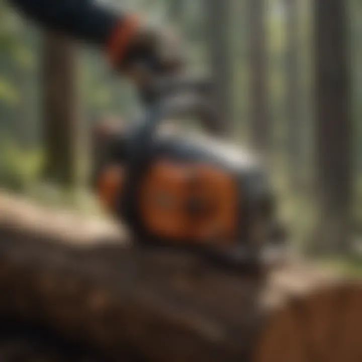 Hydraulic chainsaw head in action cutting through timber with precision