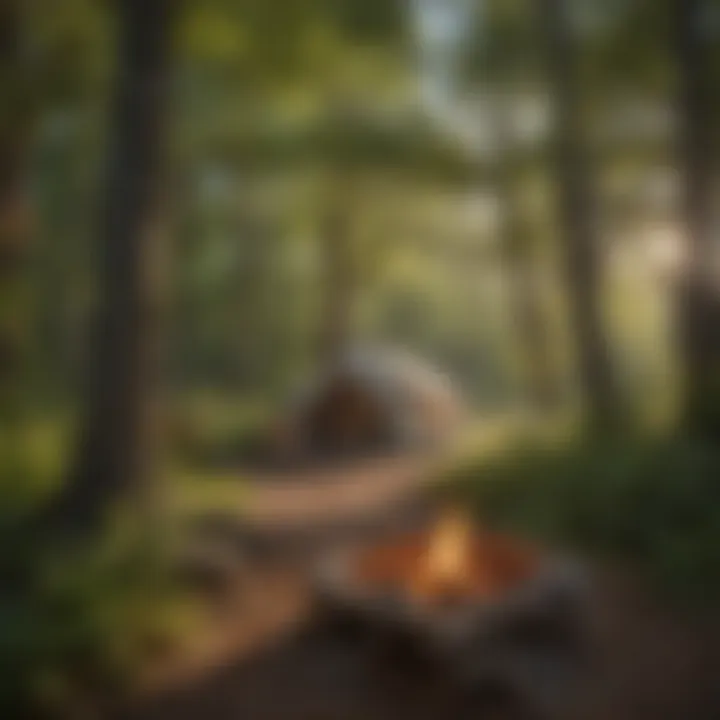 Campsite nestled among ironwood trees with campfire