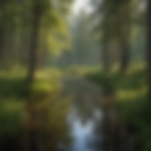 A serene landscape of Itasca State Park showcasing lush greenery and a tranquil lake.