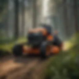 A modern lawnmower operating in a lush forest environment