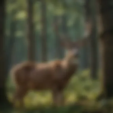 A deer in the wild showcasing its new antlers during the growing phase