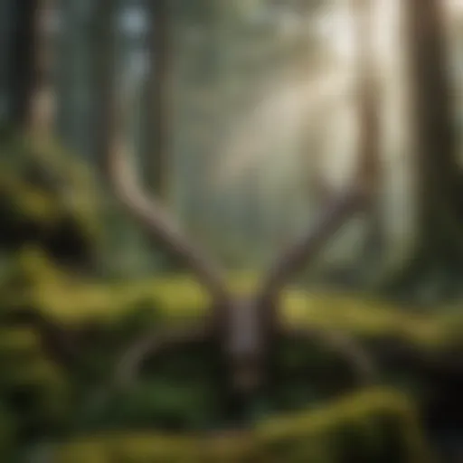 A close-up view of a shed antler resting on forest floor moss