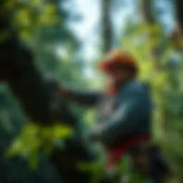 A skilled arborist performing tree care in a lush forest