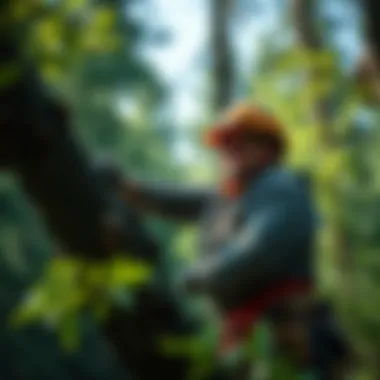 Expert Arborist at Work A skilled arborist performing tree care in a lush forest