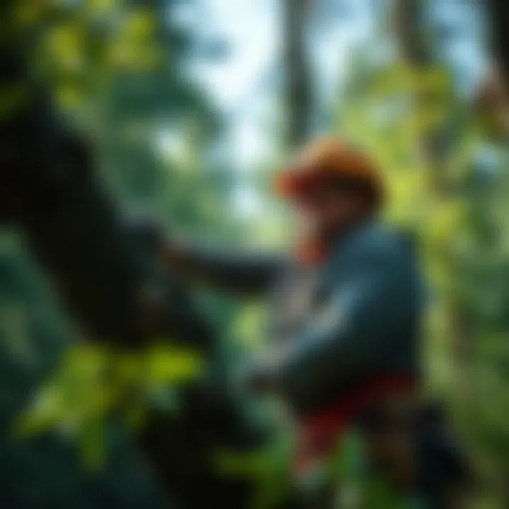 Expert Arborist at Work A skilled arborist performing tree care in a lush forest
