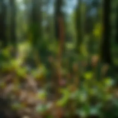 A serene forest setting with wild herbs growing naturally, emphasizing the ecological significance of preserving these plants.