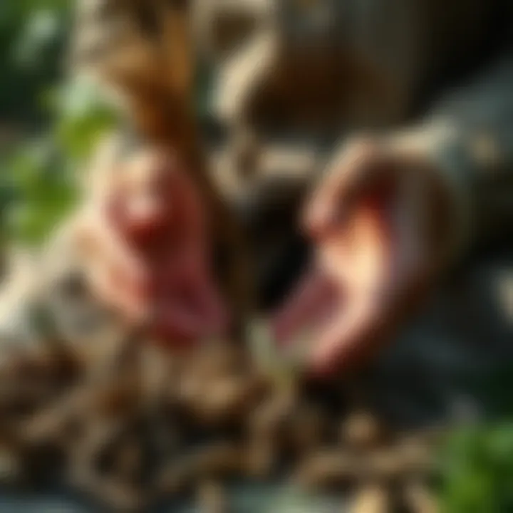 Close-up of a traditional herbalist's hands examining a selection of dried roots and herbs, illustrating the ancient practice of herbal medicine.