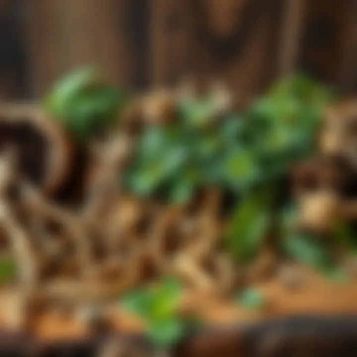 A vibrant array of medicinal herbs and roots displayed on a wooden surface, showcasing their diverse colors and textures.