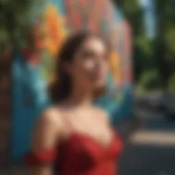 A vibrant street scene showcasing Portland's artistic flair with models posing against colorful murals.