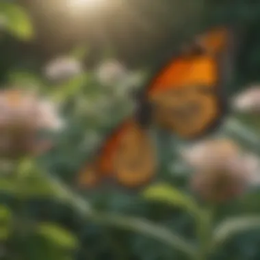 A close-up of a Monarch butterfly interacting with a Common Milkweed flower