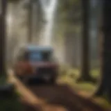 A serene landscape of a national park with a camper van parked under tall trees