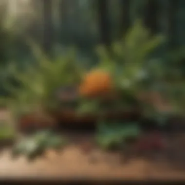 A diverse array of foraged native plants showcased on a wooden table