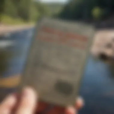Fishing License Displayed Close-up of a fishing license held in hand against a backdrop of a river