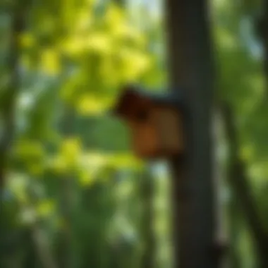 A bat house attached to a tree in a lush green environment
